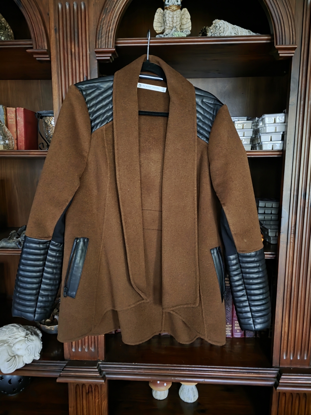 blanc noir Brown Wool-Blend Jacket with Quilted Black Faux Leather Accents